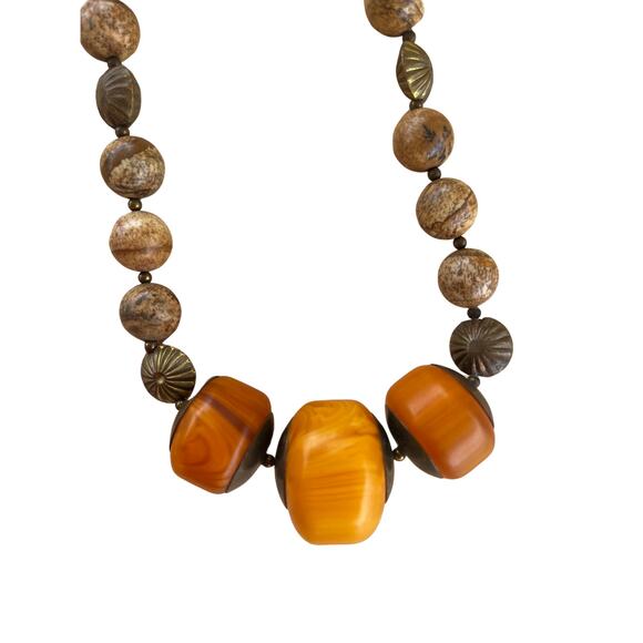 Vintage Jasper Stone Bead and Lac Resin Plastic Necklace - Picture 4 of 9